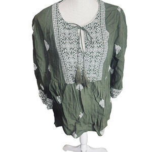 Passport Susan Graver Olive Green Peasant Top Boho Tassels sz S blouse